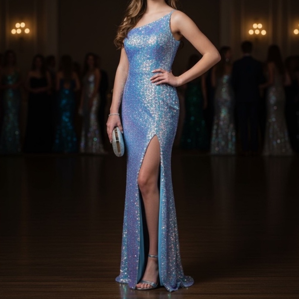 NEW Crystal Doll One Shoulder Gown Size 1